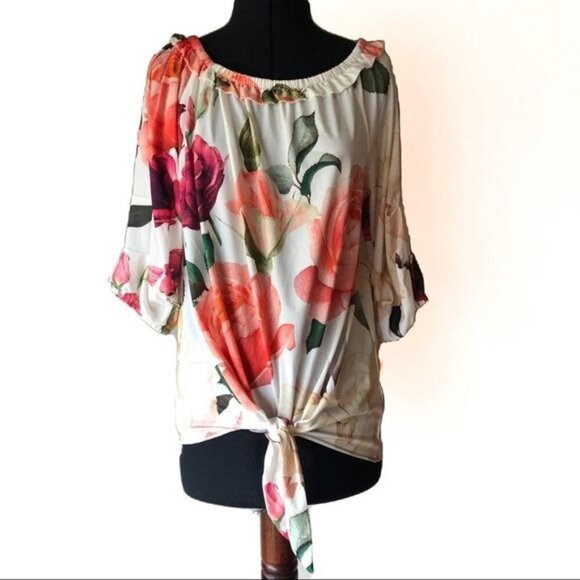 Lily for Firmiana Peasant Blouse With Coral Roses Size L - Picture 1 of 9